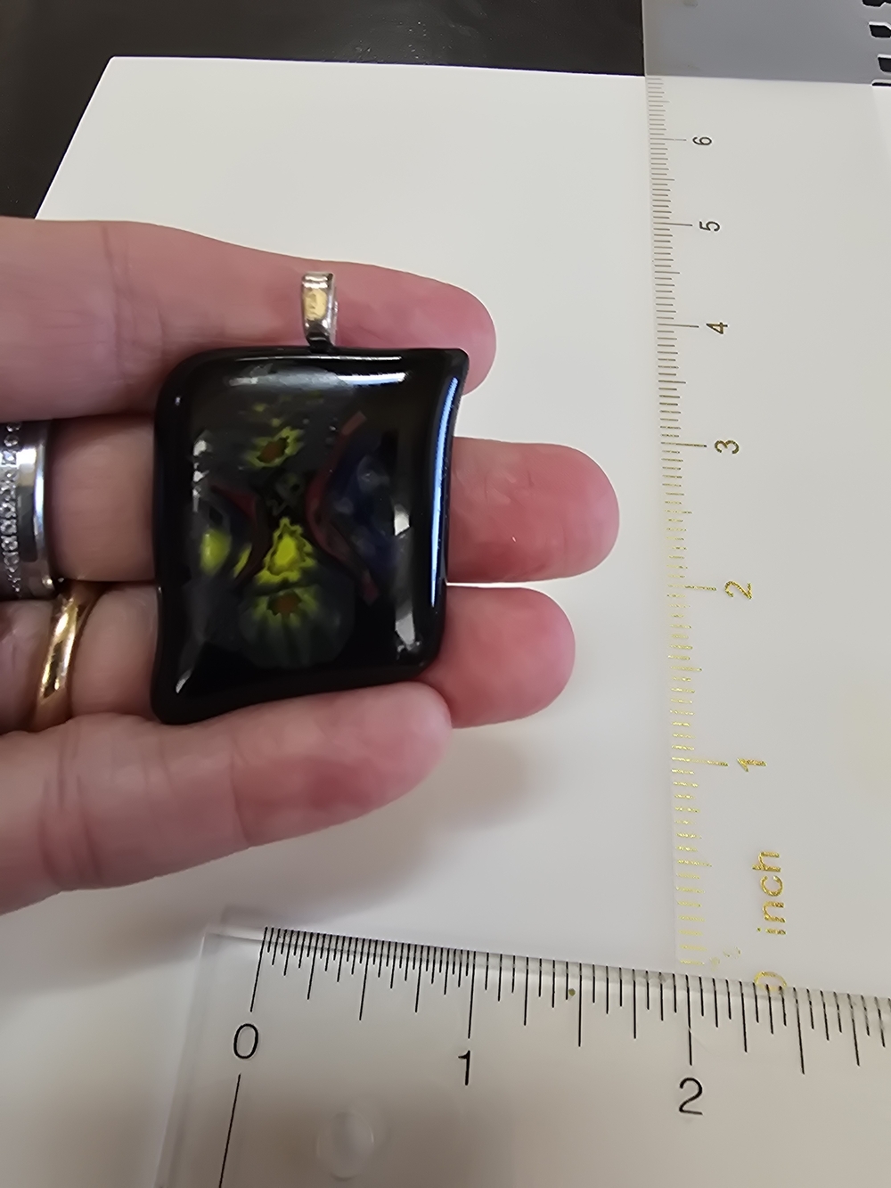 Handmade Black Glass Pendant with Multicolor Floral Accent